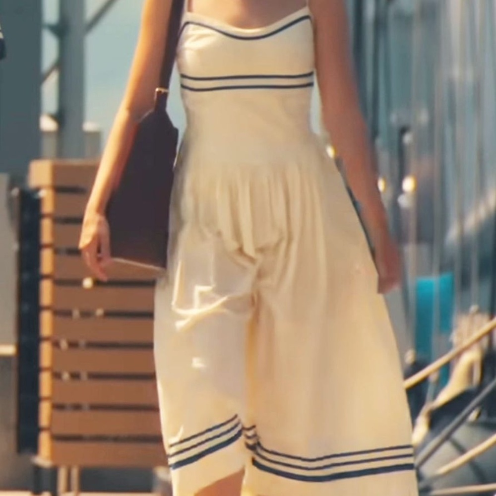 Piper's dress (White Lotus) - Moon River Maxi Dress with navy piping
